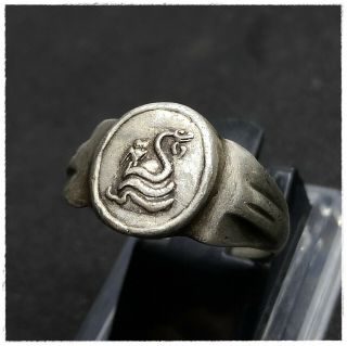 " Bearded Snake & Owl Of Athena " Ancient Silver Greek Or Roman Ring 5,  12g