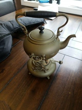 Antique Arts And Crafts Brass Teapot Kettle With Warming Stand Circa 1890 