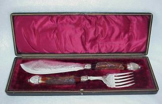 Antique English Silver Knife & Fork Carving Set Antler Handles Box W/ Hallmarks