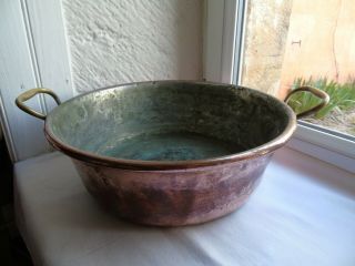 French Antique Copper Jam Preserving Pan Mixing Bowl Top Diameter 14  Hammered