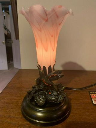 Two Dale Tiffany Hummingbird Art Glass Lily Tulip Lamp Pink White Antique Bronze