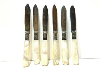 Antique English Silver Plated Mother Of Pearl Handle Fruit Knives Set Of 6