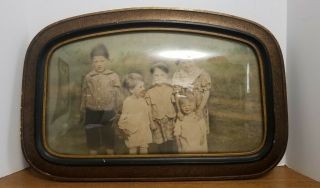 Vintage Antique Wood Picture Frame Domed Bubble Glass Family Children Stamped