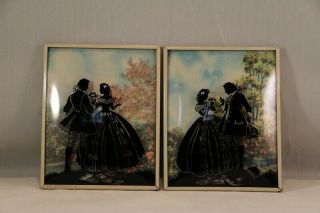 Vintage Pair Metal Frame Courting Couple Silhouette 4 " X 5 " Convex Pictures
