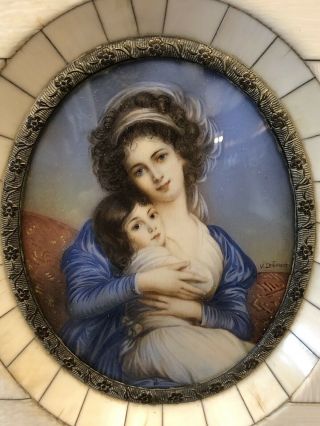 Antique Miniature Portrait Painting Mother With Child Signed Cebrun