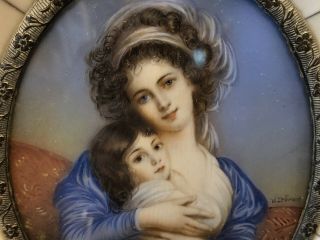 Antique Miniature Portrait Painting Mother With Child Signed Cebrun 2