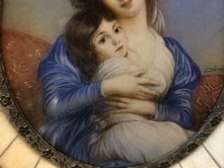 Antique Miniature Portrait Painting Mother With Child Signed Cebrun 3