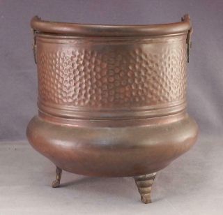 Antique Arts & Crafts Mission Style Hand Hammered Copper Vase Bowl With Handle