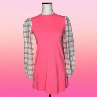 Vintage 60s 70s Floral Sleeve Hot Pink Mini Gogo Dress