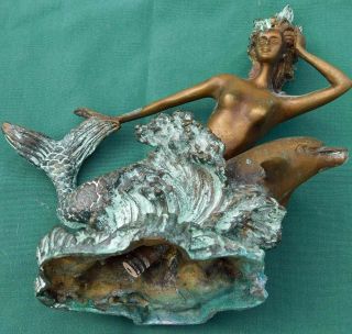 Vintage Small Bronze Mermaid Riding A Dolphin Fountain Fixture