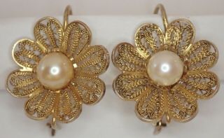Vintage Antique 9k Gold Pearl Filigree Flower Flower Earrings