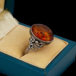 Antique Vintage Art Deco Sterling Silver Baltic Amber Band Ring Sz 7.  5 4.  8g