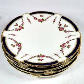 6 Antique George Jones Crescent Blue Rim & Rose Dessert Plates 17cm