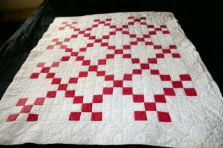 Vintage Handmade Hand Stitched Red & White Feedsack Single Irish Chain Quilt
