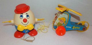 2 Vintage Fisher Price Pull Toys - Mini - Copter & Humpty Dumpty