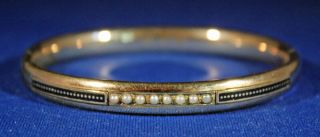 Antique Victorian Era Cuff Bracelet Gold Filled With Black Enamel And Pearls