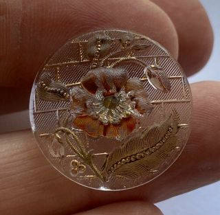 Antique Vintage Victorian Period Lacy Glass Button With Enameled Flowers 7/8”