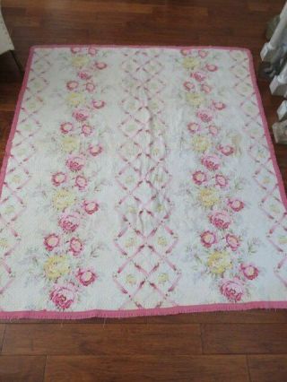 Gorgeous Old Vintage Antique Comforter Quilt Blanket White With Pink Roses