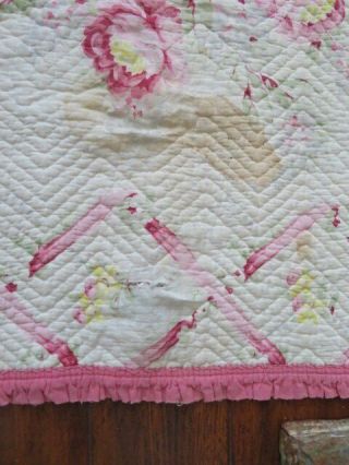 GORGEOUS Old Vintage Antique COMFORTER QUILT Blanket WHITE with PINK ROSES 3