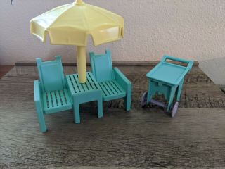 Vintage Playskool Dollhouse Outdoor Chairs Sun Umbrella Drink Cart