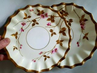 Bodley Burslem Pair 22cm Plates Ebd J Antique Porcelain Gilt Gold & Pink Floral