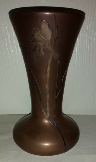 1912 Heintz Art Metal 6.  5 " Vase Silver Overlay Iris On Bronze Patina