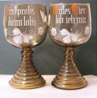 Antique Green Glass Goblets Theresienthal Enameled Beer Sayings C.  1890s