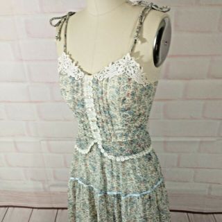 Vintage 1970s Candi Jones Floral Prairie Maxi Dress Tie Strap Size 0