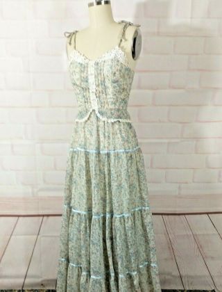 Vintage 1970s Candi Jones Floral Prairie Maxi Dress Tie Strap Size 0 3
