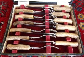 Lewis Rose & Co - Sheffield England - Antique 12 Piece Stag Horn Forks & Knives