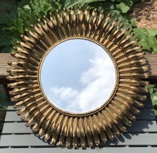 Vintage 22” Mid Century Modern Italian Gold Painted Metal Sunburst Rays Mirror