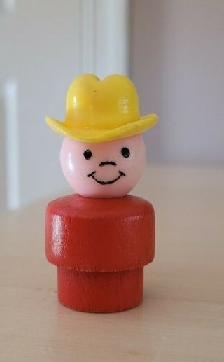 Vintage Fisher Price Little People Wood Red Farmer Boy/cowboy W/yellow Hat