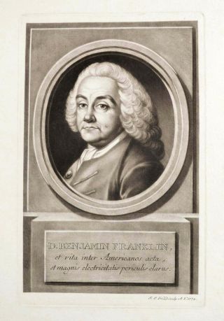 Benjamin Franklin Antique Print 1778 Von Haid Portrait Mezzotint