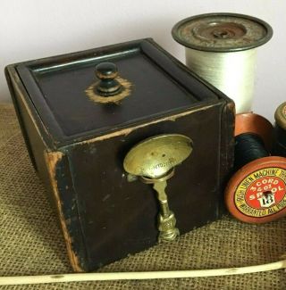 Antique Folk Art,  Primitive Wooden Tea Caddy With Brass Licoln Imp Caddy Spoon