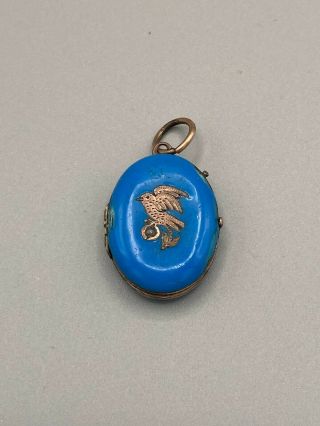 Antique Blue Enamel Locket With Brass Bird,  Possibly/probably Unmarked Gold,  Ear