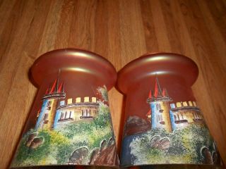 2 Antique Hand Painted Scenic Carnival Glass Lamp Shades (large)