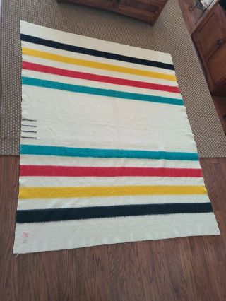 Antique Hudson Bay Company Red Label 4 Point Wool Blanket 86 X 69 Bright Colors