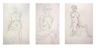 Three 1970s Vintage Drawings Life Class Studies Nude Figures Set No 2