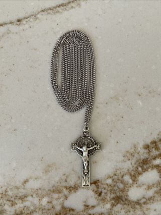 Antique Sterling Crucifix Cross Necklace Ornate Design on Back 14.  5 grams 2