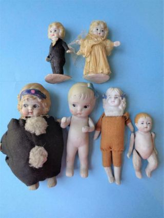 6 Miniature Antique 1930s Bisque Dolls Made In Japan Wedding Cake Toppers Kewpie