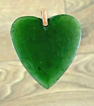 Antique Zealand Jade Greenstone & 9ct Gold Large Heart Pendant