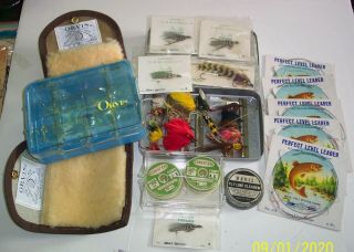 Orvis Metal Fly Case,  Flies,  Line,  Cleaner,  5 Hi - Leaders,  2 Orvis Canvas Pouches