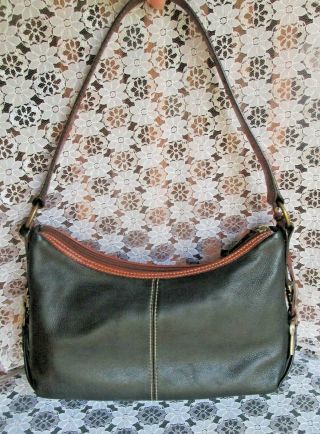 Vintage Fossil Purse,  Black Pebbled Leather,  Brown Leather Trim,  Hang Tag