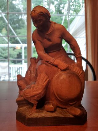 Woman Wood Carving W/ Chickens Gomo Traxe Mark Made In Italy Numbered 10 " Tall
