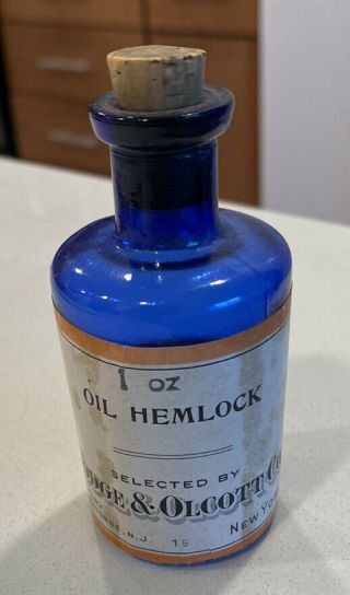 Rare Cobalt Blue Antique Poison Bottle With Label Cork Oil Hemlock