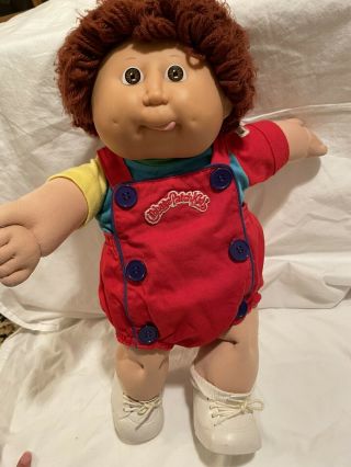 Cabbage Patch Kids Boy Doll Cpk Red Brown Fuzzy Tongue Out Dimples Overalls