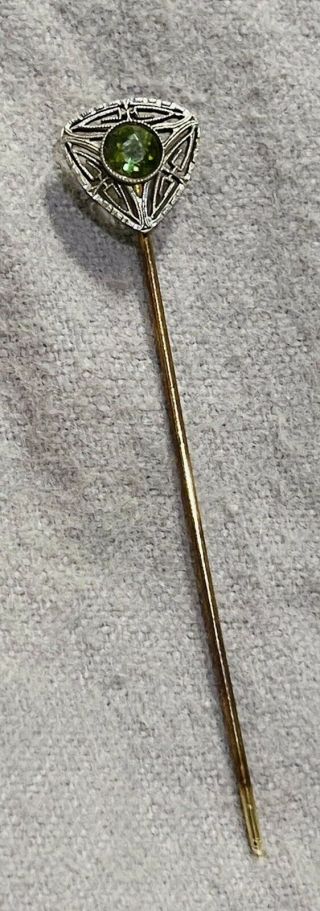 Large Antique 14k Yellow Gold Stick Pin W/ Green Peridot 1.  6g,  2.  7 Inches