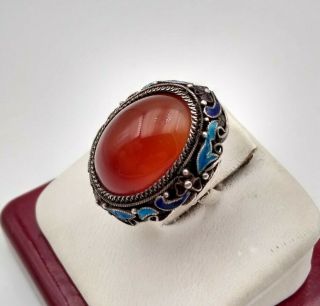 Antique Sterling Silver Carnelian Enamel Chinese Export Ring 1920s