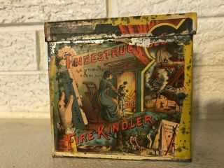 Scarce Antique Indestructible Fire Kindler Tin Litho Can W Contents C1882