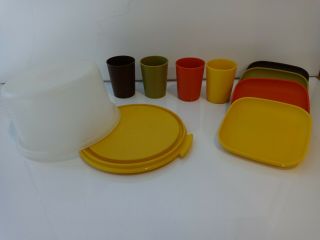 Vintage Tupperware Kids Mini Cake Taker,  4 Plates & 4 Cups Brown Green Orange